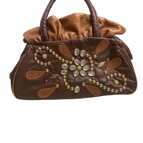 Y2K Genuine Leather Rhinestone Handbag Satchel brown & tan Baguette Chunky - Picture 1 of 11